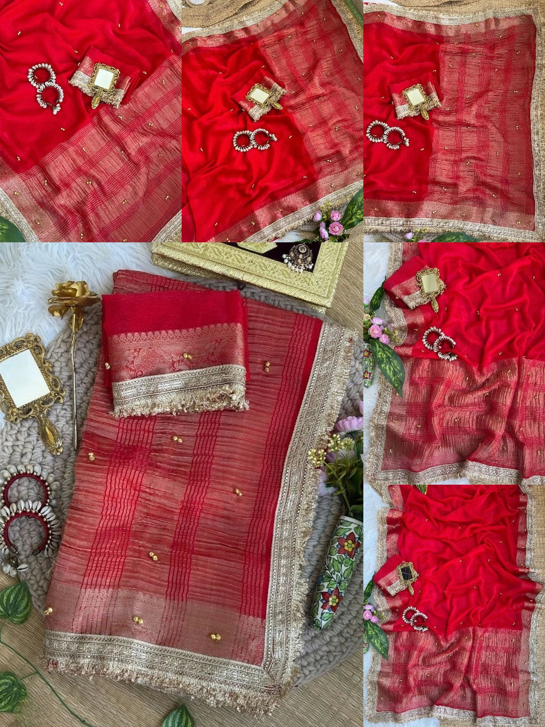 Red hand ghungroo with fancy lace saree multi-angle collage – Kalyanja KS406